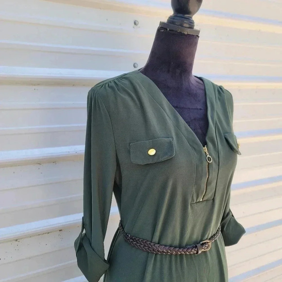 Soho Apparl Tunic Shift Convertible Sleeve Dress Green Stretch Belted Petite L - Picture 6 of 9